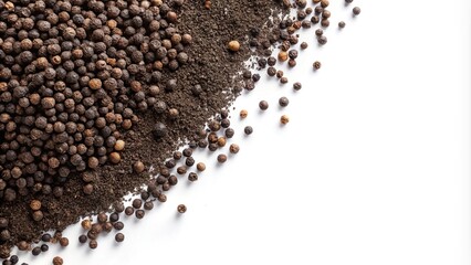 Spilled ground black pepper seasoning on white background aerial view