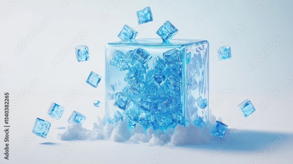 Aufkleber crystal-clear ice cube with smaller ice pieces floating and some on snow.