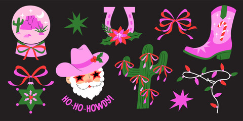 Western-themed Christmas illustrations. Cowboy boots, Santa in a cowboy hat, decorated cacti, ornaments, horseshoes, and festive accents. Vector cartoon graphics