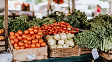 A vibrant farmer's market display with fresh produce, highlighting the importance of buying local and reducing food waste through mindful consumption