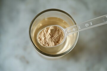 Top view of a plastic spoon with collagen powder over a glass of water a skin supplement
