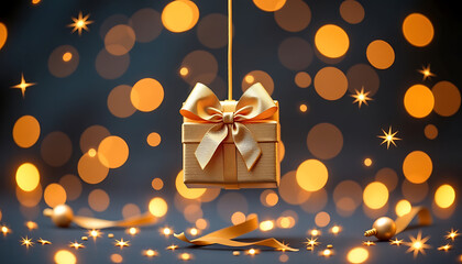 Golden Gift Bow Suspended Mid-Air - Surrounded by sparkles. background copyspace