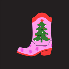 Colorful cowboy boots illustration with Christmas tree. Vector cartoon graphics