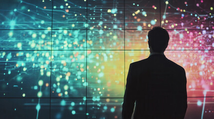 Businessman observing vibrant data visualization on screen