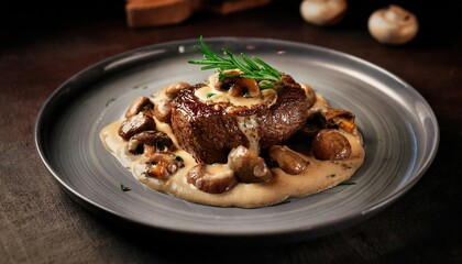 A delectable pan-seared steak, generously topped with creamy mushroom sauce and served alongside mushrooms 