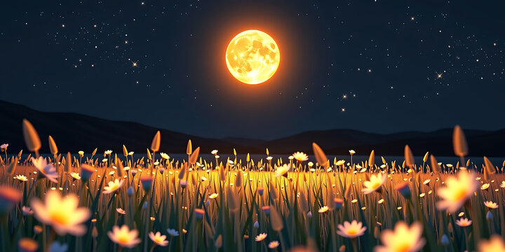 Moonlit Meadow Countdown - A meadow glowing with midnight light. backdrop background digital art crisp oilpinting minimalist sharp details funny background copyspace