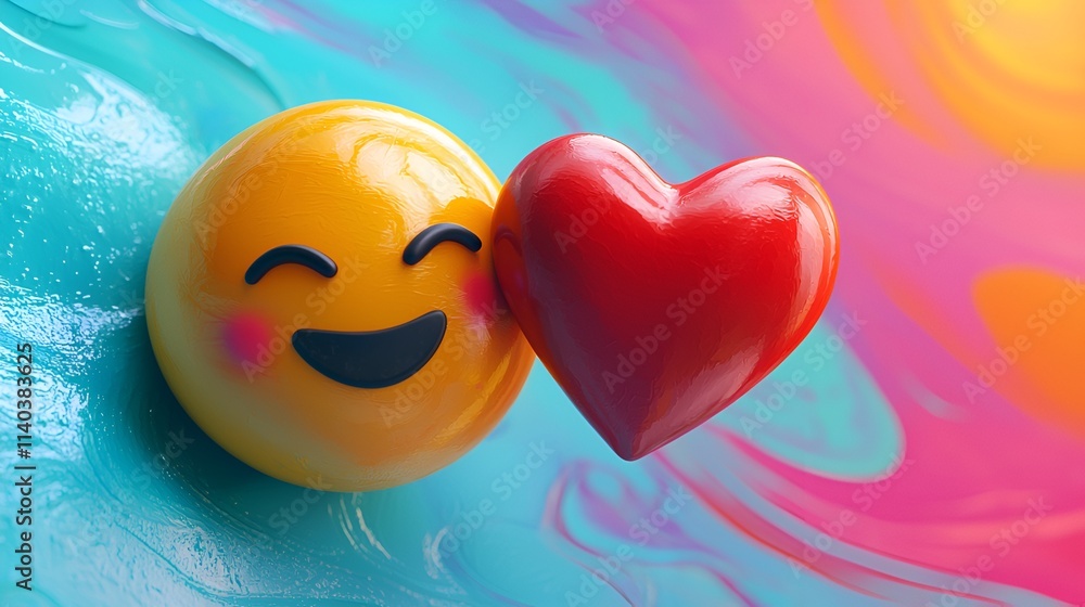 Poster smiling emoticon with a loving heart on a colorful abstract background