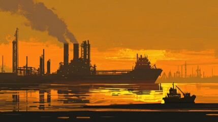 Naklejka premium Vibrant Sunset Over Industrial Harbor with Silhouetted Cargo Ship and Smoke Stacks Amidst Reflections on Calm Water Surface