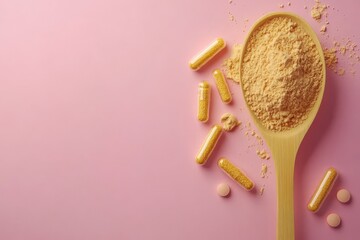 Top view of collagen powder pills and capsules on a pink background emphasizing health and anti aging