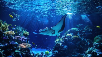 A graceful manta ray glides through the crystal clear waters above a colorful coral reef teeming with marine life, showcasing nature's beauty.