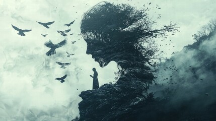 Falconer's silhouette in double exposure forest landscape photography