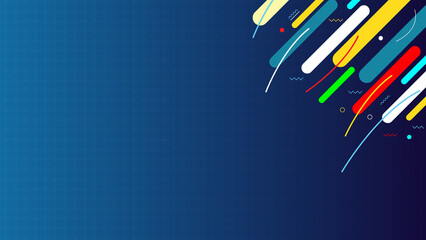 A blue background with a colorful design of lines and shapes