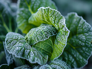 A cluster of cabbage leaves covered with frost, the frozen crystals sparkling in the early morning light, adding a touch of winter magic to the garden.