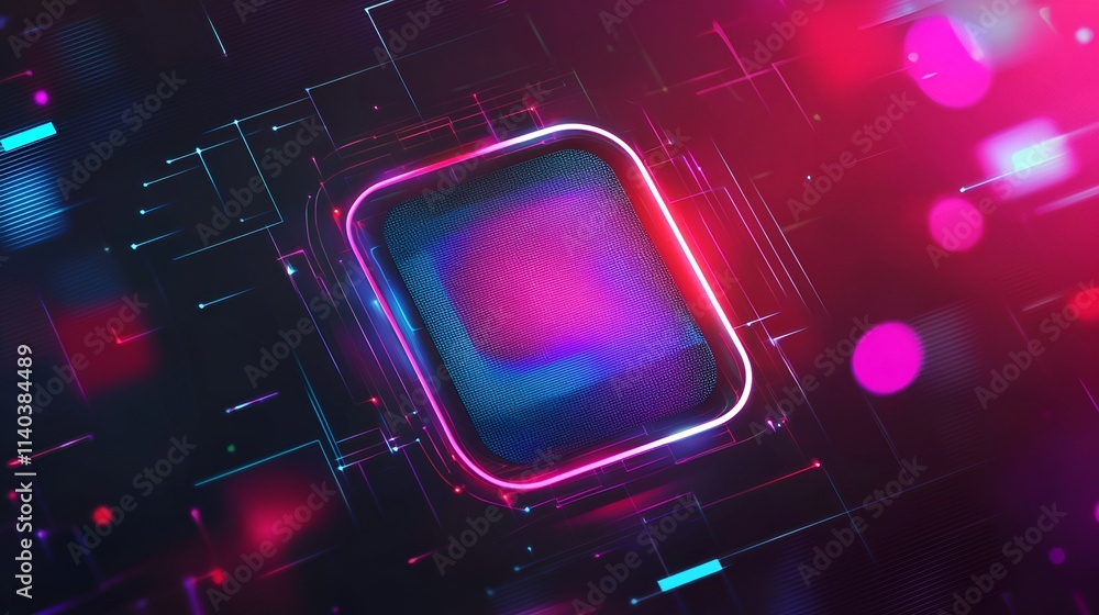 Aufkleber abstract neon graphic of a futuristic circuit board with glowing processor chip.