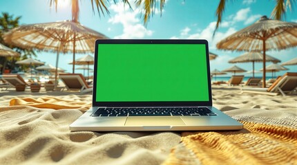 Laptop with green screen mockup on sandy beach among sun loungers and straw umbrellas, concept of remote work, digital nomad and online business on vacation in tropical resort