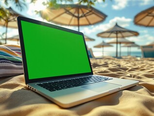 Laptop with green screen mockup on sandy beach among sun loungers and straw umbrellas, concept of remote work, digital nomad and online business on vacation in tropical resort