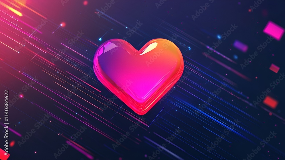 Poster 3d rendered heart icon with digital lines and gradient colors