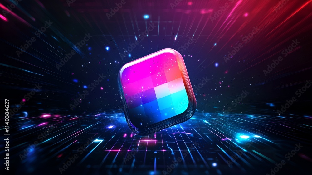 Poster vibrant digital app icon hovering over a futuristic network background