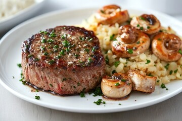 Grilled Steak Served with Mashed Potatoes and Mushrooms