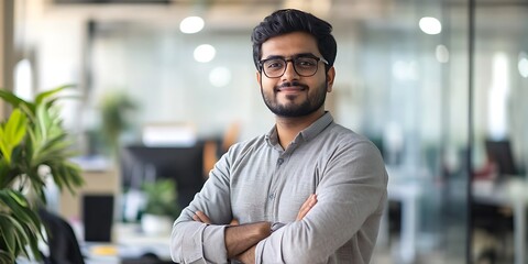 Portrait of a male content writer standing confidently in an office, working on an article