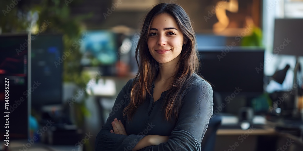 Poster portrait of a female game developer standing confidently in a tech studio