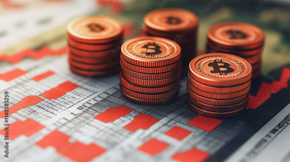 Poster a stack of red coins with a b on them