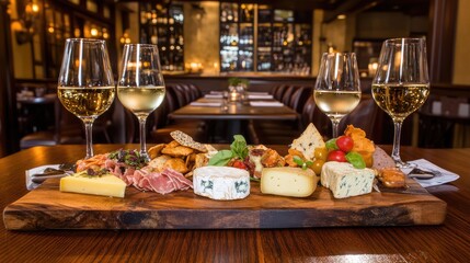 Assorted gourmet cheeses, including blue cheese and brie, with wine and crackers, presented on a charcuterie board