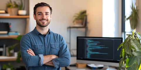 American male developer standing confidently in front of a computer code editor