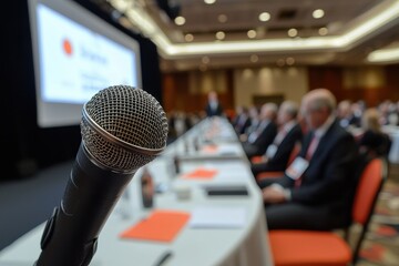 Conference Scene with Microphone in Focus and Audience Listening Attentively at Event