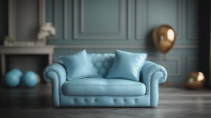 A blue couch with pillows sits in a room with gold balloons and a gold vase