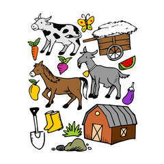 Farm hand drawn set of farm, animal and agriculture in sketch style.	