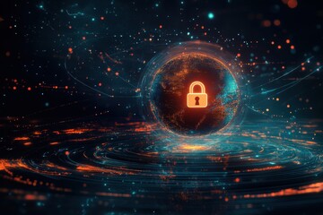 Obraz premium Digital Security Concept with Globe and Lock Symbol Representing Cyber Protection and Safety