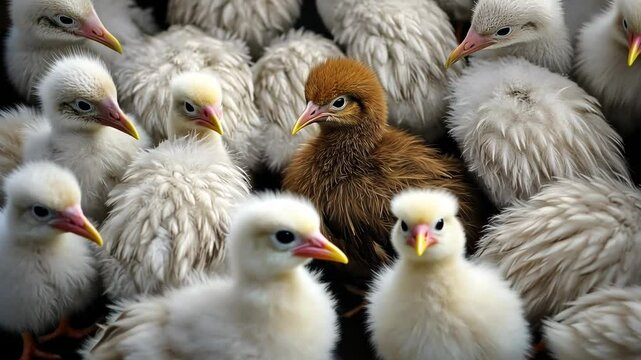 Unique Brown Chick Among White Chicks