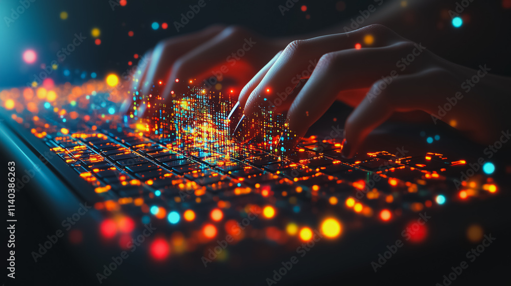Poster a person is typing on a keyboard with a colorful background
