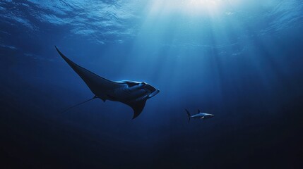 A majestic manta ray glides gracefully through the deep blue waters accompanied by a shark, showcasing the serenity of marine life.