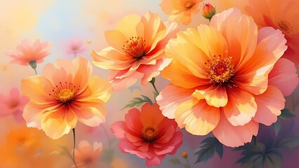 Colorful abstract oil painting of autumn flower with orange, red, and yellow leaves. Hand-painted illustration of natural fall design for vintage floral wallpaper background.