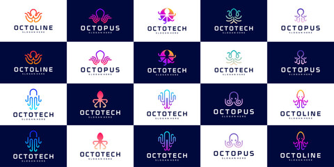 collection of technology logos with the concept of underwater animals, octopus, tentacles, graphic design illustration.