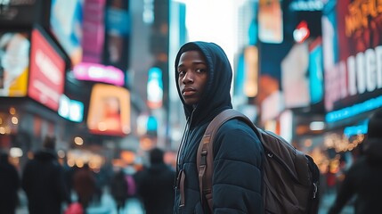 Fototapeta premium Young man in a hoodie walking through a busy city street with urban surroundings