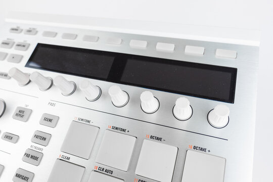 Close-Up of Music Production Controller With Knobs and Pads for Audio Creativity