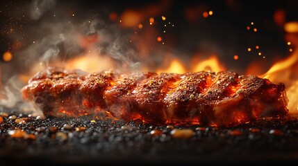 Sizzling steak on the grill with flames outdoor cooking scene culinary delight close-up