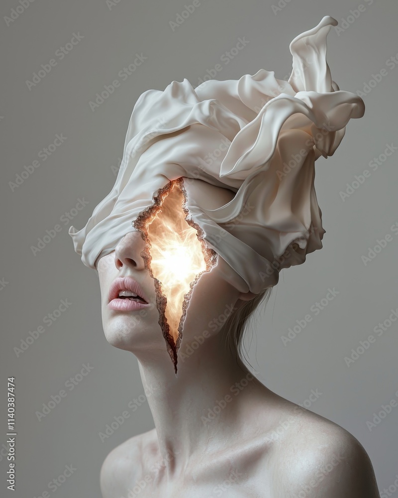 Poster inner conflict explored through a split-headed figure abstract art surreal environment conceptual vi