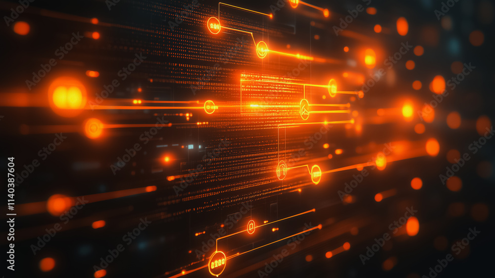 Poster a computer screen with a lot of orange lines and dots