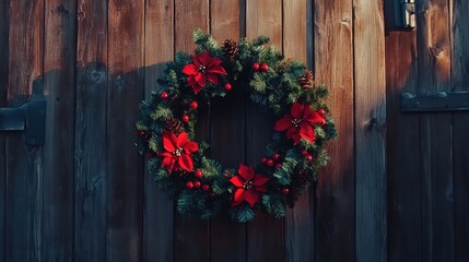 Decorate your wooden door with a seasonal holiday wreath a close-up celebration