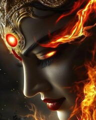 Intense durga maa's closeup portrait glowing fire background digital art dramatic viewpoint spiritual concept