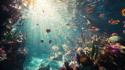 Fototapeta premium A vibrant underwater scene with various colorful fish swimming among coral reefs, illuminated by sunlight filtering through the water.