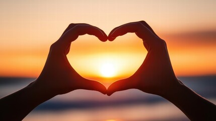Heart-shaped hands framing a sunset at the beach