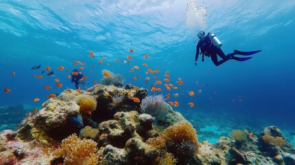 Fototapeta premium This stunning underwater image showcases divers exploring a vibrant coral reef teeming with colorful fish. A serene ocean backdrop adds to the beauty.