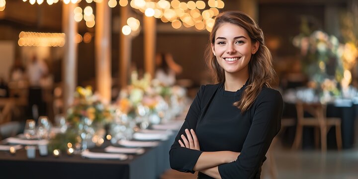 Portrait of an event coordinator standing proudly in an event venue, smiling, portrait shot, looking at the camera