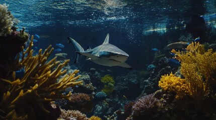 A shark swims gracefully through a vibrant coral reef, surrounded by various colorful corals and fish in clear blue waters.