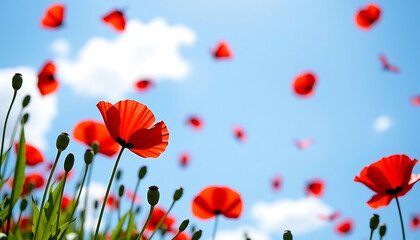 Obraz premium Poppy Petals Falling - Poppy petals falling gently in the breeze creating a peaceful scene. background copyspace